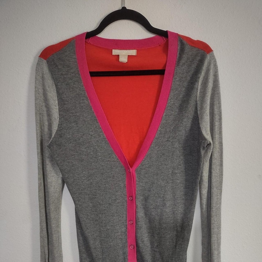 Banana Republic gray cardigan with pink trim and red inner lining, size M.
